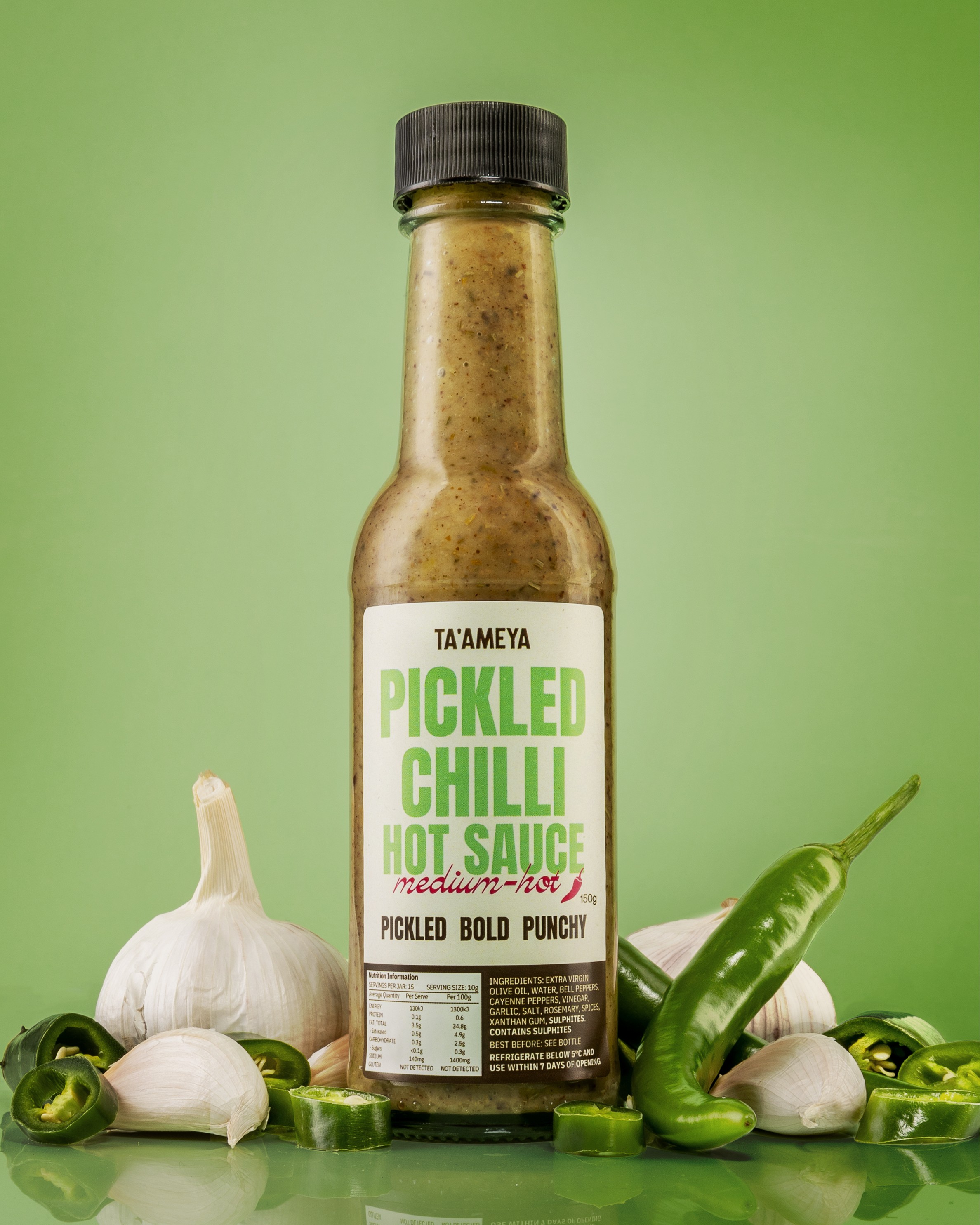 Ta'ameya hot sauce made with pickled cayenne, Arabian spices and Turkish olive oil